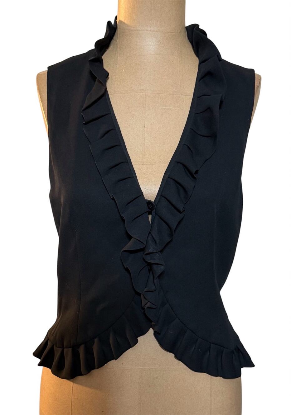 Armani Collezioni Vest Black Ruffle Edge Sleeveless Hook Front Closure size 4